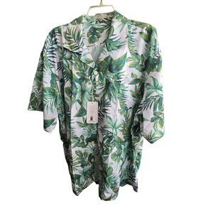 Mens Hawaiian Style Button-Up Shirt With Leaf Print Green & White 3XL NWT JJ4151